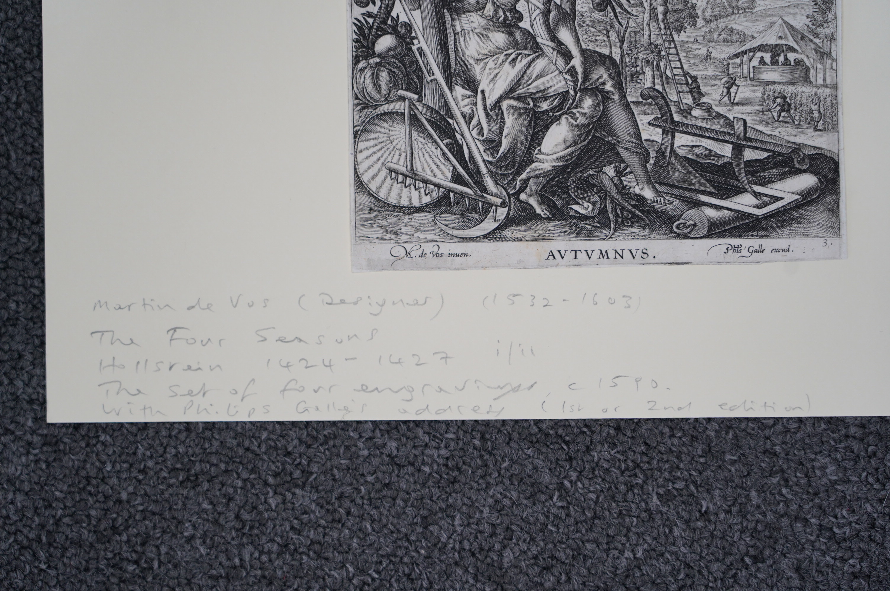 Maerten de Vos (Dutch, 1532-1603), The Four Seasons set of four engravings c.1590 Hollstein 1424 – 1427 1/iii, with Philip Galle’s address (1st or 2nd edition), Hyems (Winter) with Gothic P watermark, 9.6 x 13.2cm. Condi